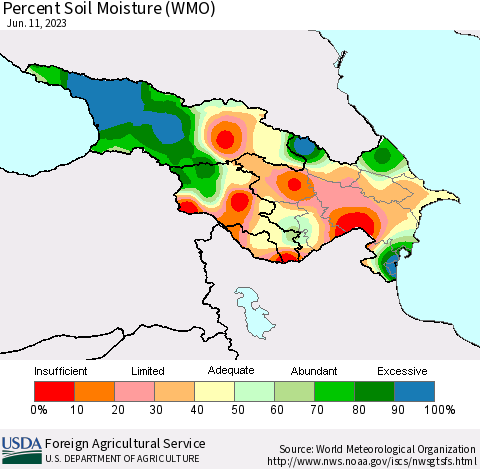 Azerbaijan, Armenia and Georgia Percent Soil Moisture (WMO) Thematic Map For 6/5/2023 - 6/11/2023