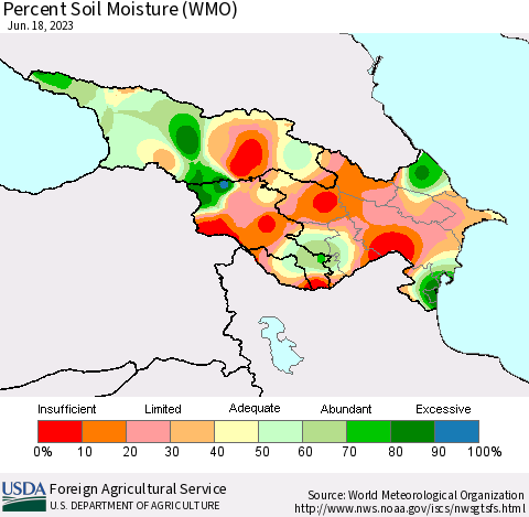 Azerbaijan, Armenia and Georgia Percent Soil Moisture (WMO) Thematic Map For 6/12/2023 - 6/18/2023