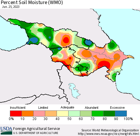 Azerbaijan, Armenia and Georgia Percent Soil Moisture (WMO) Thematic Map For 6/19/2023 - 6/25/2023