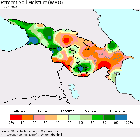 Azerbaijan, Armenia and Georgia Percent Soil Moisture (WMO) Thematic Map For 6/26/2023 - 7/2/2023