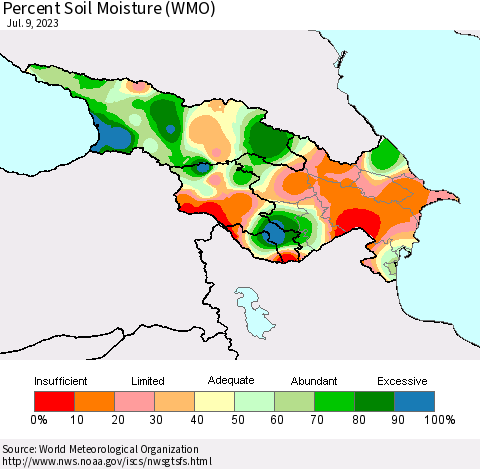 Azerbaijan, Armenia and Georgia Percent Soil Moisture (WMO) Thematic Map For 7/3/2023 - 7/9/2023
