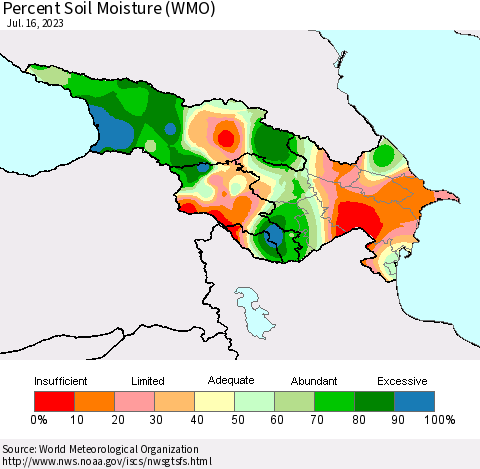 Azerbaijan, Armenia and Georgia Percent Soil Moisture (WMO) Thematic Map For 7/10/2023 - 7/16/2023