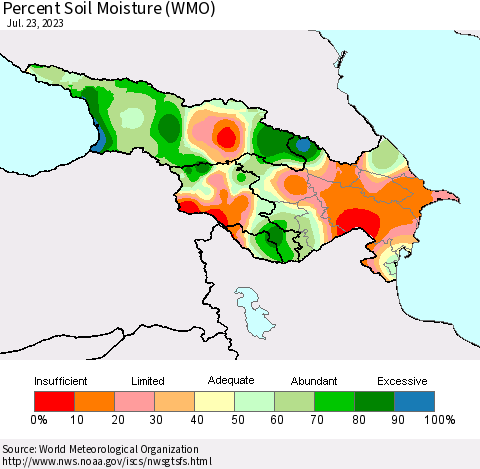 Azerbaijan, Armenia and Georgia Percent Soil Moisture (WMO) Thematic Map For 7/17/2023 - 7/23/2023