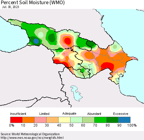 Azerbaijan, Armenia and Georgia Percent Soil Moisture (WMO) Thematic Map For 7/24/2023 - 7/30/2023