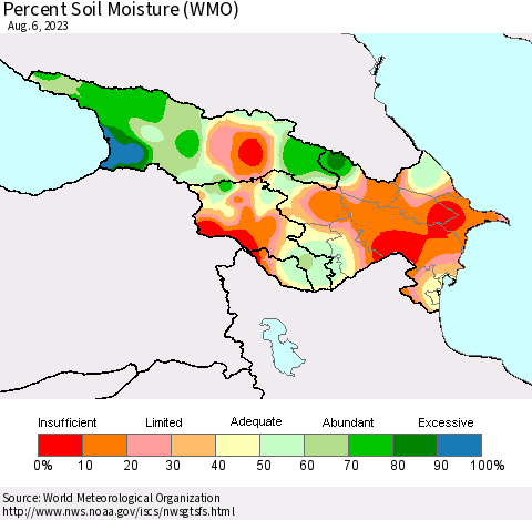 Azerbaijan, Armenia and Georgia Percent Soil Moisture (WMO) Thematic Map For 7/31/2023 - 8/6/2023