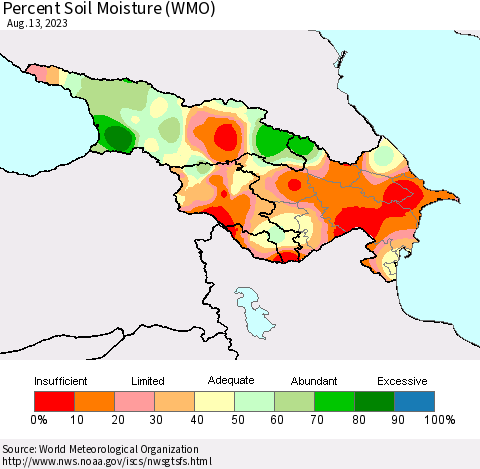Azerbaijan, Armenia and Georgia Percent Soil Moisture (WMO) Thematic Map For 8/7/2023 - 8/13/2023