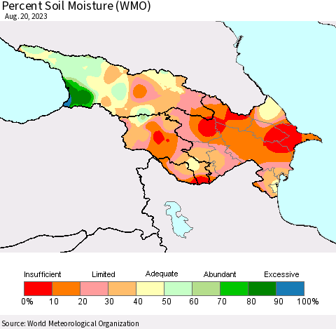Azerbaijan, Armenia and Georgia Percent Soil Moisture (WMO) Thematic Map For 8/14/2023 - 8/20/2023