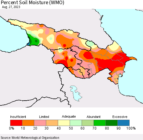 Azerbaijan, Armenia and Georgia Percent Soil Moisture (WMO) Thematic Map For 8/21/2023 - 8/27/2023