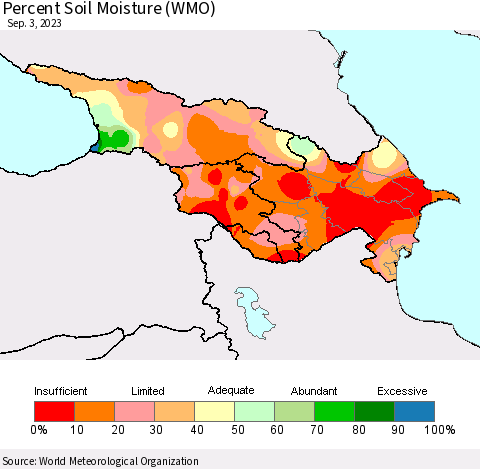 Azerbaijan, Armenia and Georgia Percent Soil Moisture (WMO) Thematic Map For 8/28/2023 - 9/3/2023