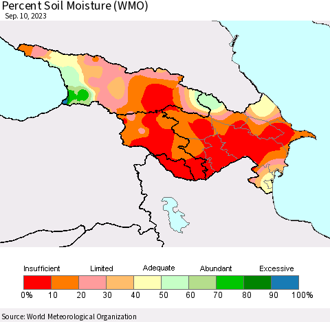 Azerbaijan, Armenia and Georgia Percent Soil Moisture (WMO) Thematic Map For 9/4/2023 - 9/10/2023