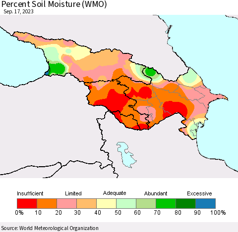 Azerbaijan, Armenia and Georgia Percent Soil Moisture (WMO) Thematic Map For 9/11/2023 - 9/17/2023