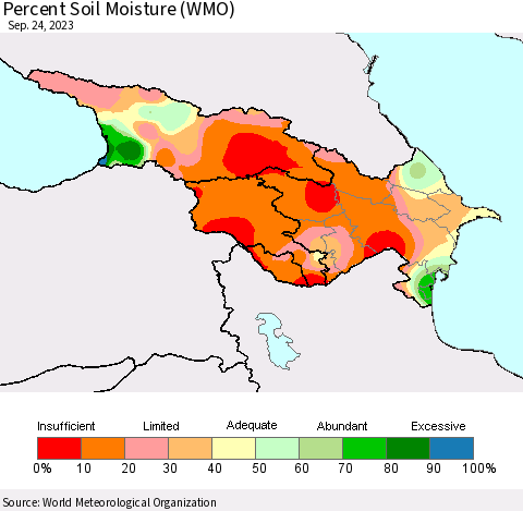 Azerbaijan, Armenia and Georgia Percent Soil Moisture (WMO) Thematic Map For 9/18/2023 - 9/24/2023