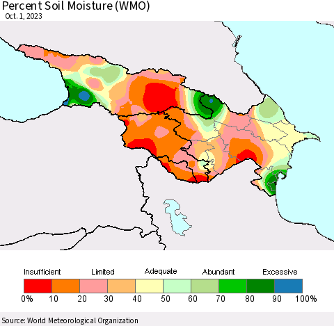 Azerbaijan, Armenia and Georgia Percent Soil Moisture (WMO) Thematic Map For 9/25/2023 - 10/1/2023