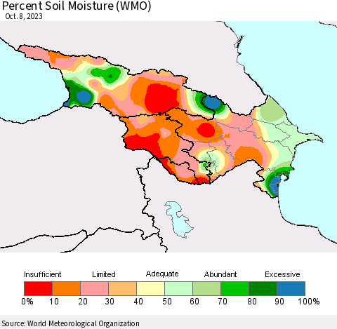 Azerbaijan, Armenia and Georgia Percent Soil Moisture (WMO) Thematic Map For 10/2/2023 - 10/8/2023
