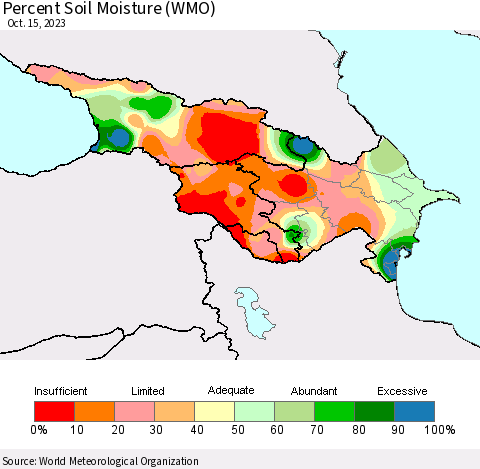 Azerbaijan, Armenia and Georgia Percent Soil Moisture (WMO) Thematic Map For 10/9/2023 - 10/15/2023