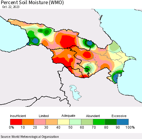 Azerbaijan, Armenia and Georgia Percent Soil Moisture (WMO) Thematic Map For 10/16/2023 - 10/22/2023