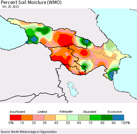 Azerbaijan, Armenia and Georgia Percent Soil Moisture (WMO) Thematic Map For 10/23/2023 - 10/29/2023
