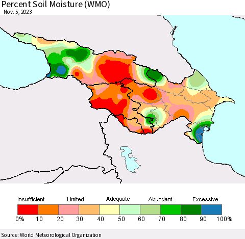 Azerbaijan, Armenia and Georgia Percent Soil Moisture (WMO) Thematic Map For 10/30/2023 - 11/5/2023