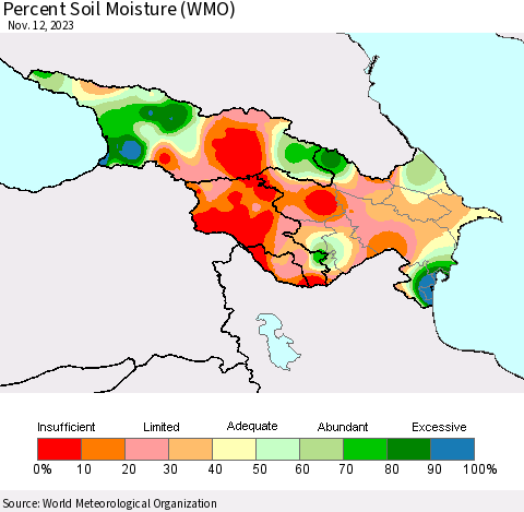 Azerbaijan, Armenia and Georgia Percent Soil Moisture (WMO) Thematic Map For 11/6/2023 - 11/12/2023