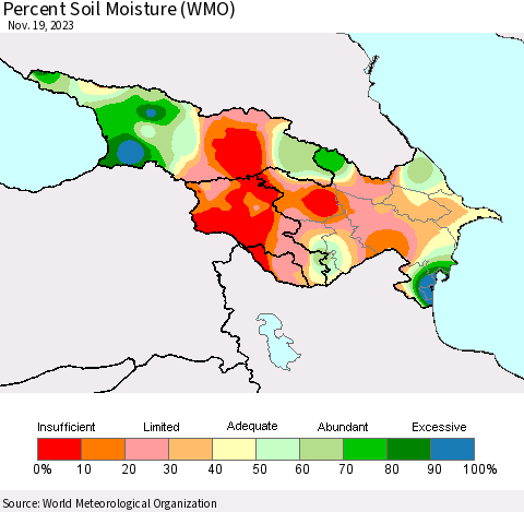 Azerbaijan, Armenia and Georgia Percent Soil Moisture (WMO) Thematic Map For 11/13/2023 - 11/19/2023