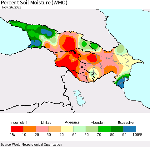Azerbaijan, Armenia and Georgia Percent Soil Moisture (WMO) Thematic Map For 11/20/2023 - 11/26/2023