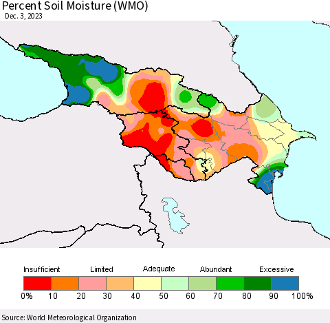 Azerbaijan, Armenia and Georgia Percent Soil Moisture (WMO) Thematic Map For 11/27/2023 - 12/3/2023