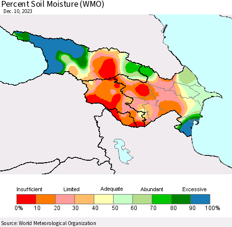Azerbaijan, Armenia and Georgia Percent Soil Moisture (WMO) Thematic Map For 12/4/2023 - 12/10/2023