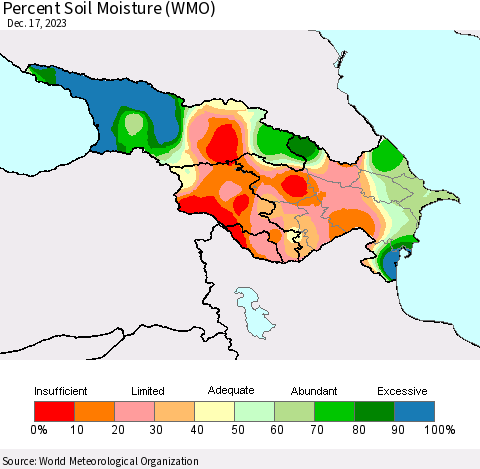 Azerbaijan, Armenia and Georgia Percent Soil Moisture (WMO) Thematic Map For 12/11/2023 - 12/17/2023