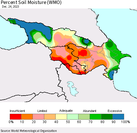 Azerbaijan, Armenia and Georgia Percent Soil Moisture (WMO) Thematic Map For 12/18/2023 - 12/24/2023
