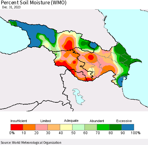 Azerbaijan, Armenia and Georgia Percent Soil Moisture (WMO) Thematic Map For 12/25/2023 - 12/31/2023