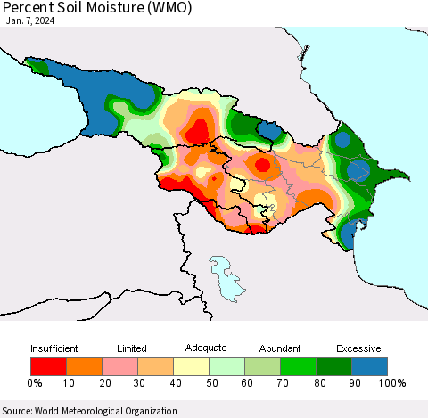Azerbaijan, Armenia and Georgia Percent Soil Moisture (WMO) Thematic Map For 1/1/2024 - 1/7/2024