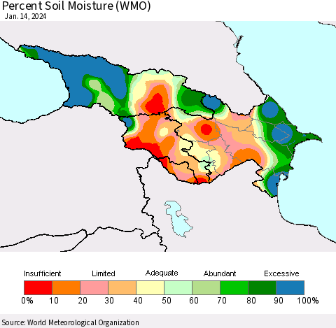 Azerbaijan, Armenia and Georgia Percent Soil Moisture (WMO) Thematic Map For 1/8/2024 - 1/14/2024