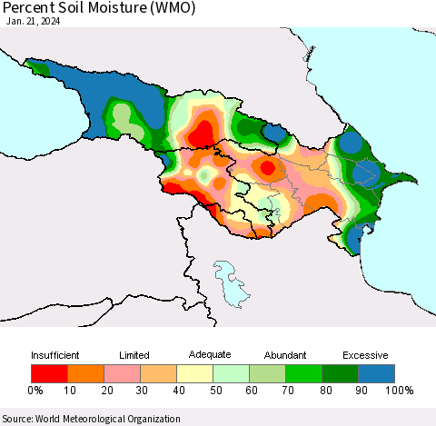 Azerbaijan, Armenia and Georgia Percent Soil Moisture (WMO) Thematic Map For 1/15/2024 - 1/21/2024