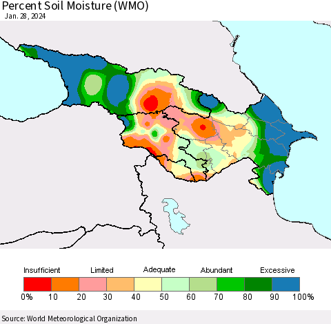 Azerbaijan, Armenia and Georgia Percent Soil Moisture (WMO) Thematic Map For 1/22/2024 - 1/28/2024