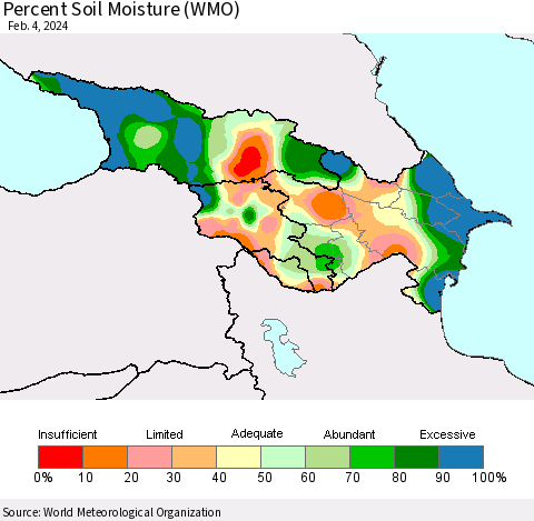 Azerbaijan, Armenia and Georgia Percent Soil Moisture (WMO) Thematic Map For 1/29/2024 - 2/4/2024