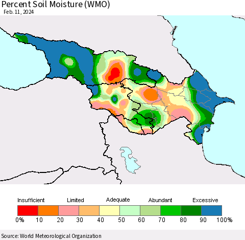 Azerbaijan, Armenia and Georgia Percent Soil Moisture (WMO) Thematic Map For 2/5/2024 - 2/11/2024