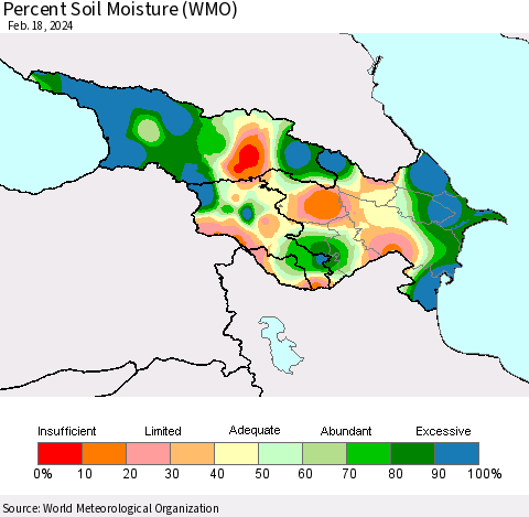 Azerbaijan, Armenia and Georgia Percent Soil Moisture (WMO) Thematic Map For 2/12/2024 - 2/18/2024