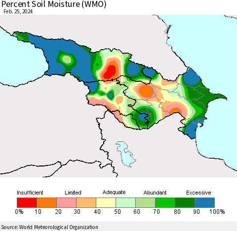 Azerbaijan, Armenia and Georgia Percent Soil Moisture (WMO) Thematic Map For 2/19/2024 - 2/25/2024