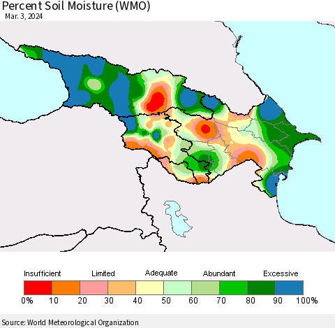 Azerbaijan, Armenia and Georgia Percent Soil Moisture (WMO) Thematic Map For 2/26/2024 - 3/3/2024