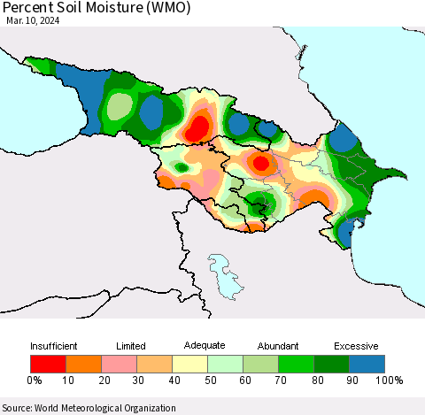 Azerbaijan, Armenia and Georgia Percent Soil Moisture (WMO) Thematic Map For 3/4/2024 - 3/10/2024