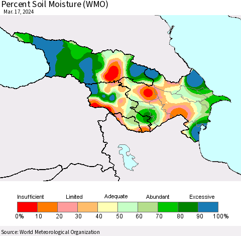 Azerbaijan, Armenia and Georgia Percent Soil Moisture (WMO) Thematic Map For 3/11/2024 - 3/17/2024