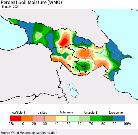 Azerbaijan, Armenia and Georgia Percent Soil Moisture (WMO) Thematic Map For 3/18/2024 - 3/24/2024