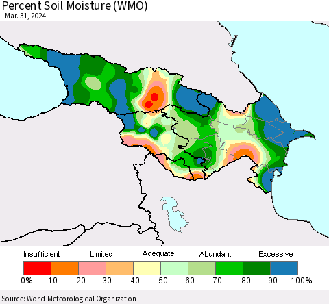 Azerbaijan, Armenia and Georgia Percent Soil Moisture (WMO) Thematic Map For 3/25/2024 - 3/31/2024