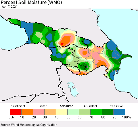 Azerbaijan, Armenia and Georgia Percent Soil Moisture (WMO) Thematic Map For 4/1/2024 - 4/7/2024