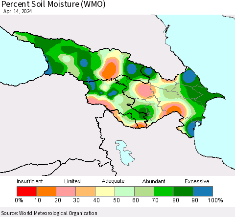 Azerbaijan, Armenia and Georgia Percent Soil Moisture (WMO) Thematic Map For 4/8/2024 - 4/14/2024