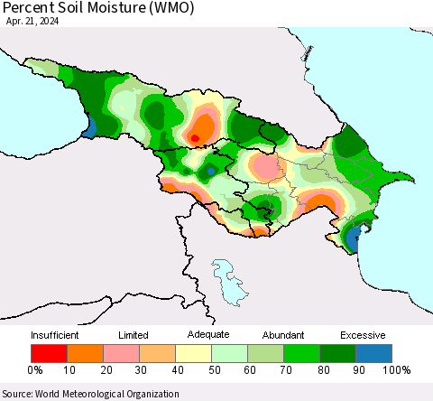 Azerbaijan, Armenia and Georgia Percent Soil Moisture (WMO) Thematic Map For 4/15/2024 - 4/21/2024