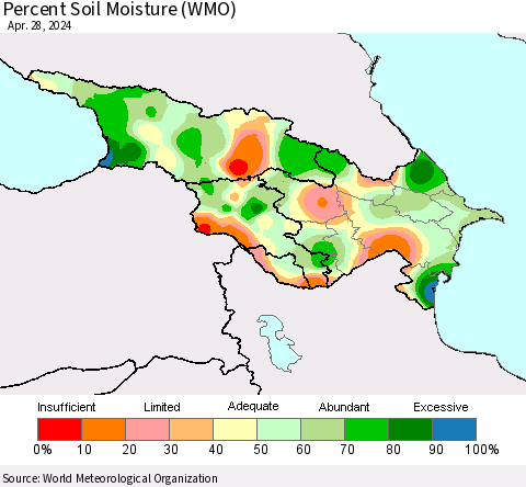 Azerbaijan, Armenia and Georgia Percent Soil Moisture (WMO) Thematic Map For 4/22/2024 - 4/28/2024