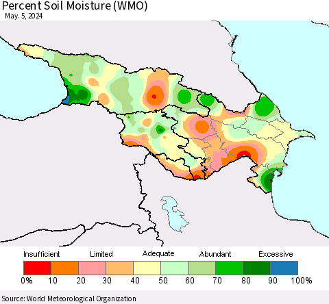 Azerbaijan, Armenia and Georgia Percent Soil Moisture (WMO) Thematic Map For 4/29/2024 - 5/5/2024