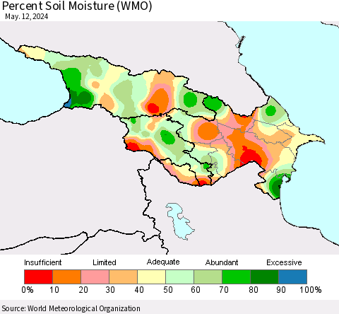 Azerbaijan, Armenia and Georgia Percent Soil Moisture (WMO) Thematic Map For 5/6/2024 - 5/12/2024
