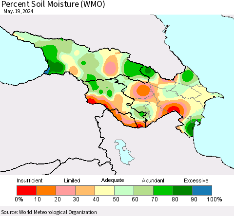 Azerbaijan, Armenia and Georgia Percent Soil Moisture (WMO) Thematic Map For 5/13/2024 - 5/19/2024